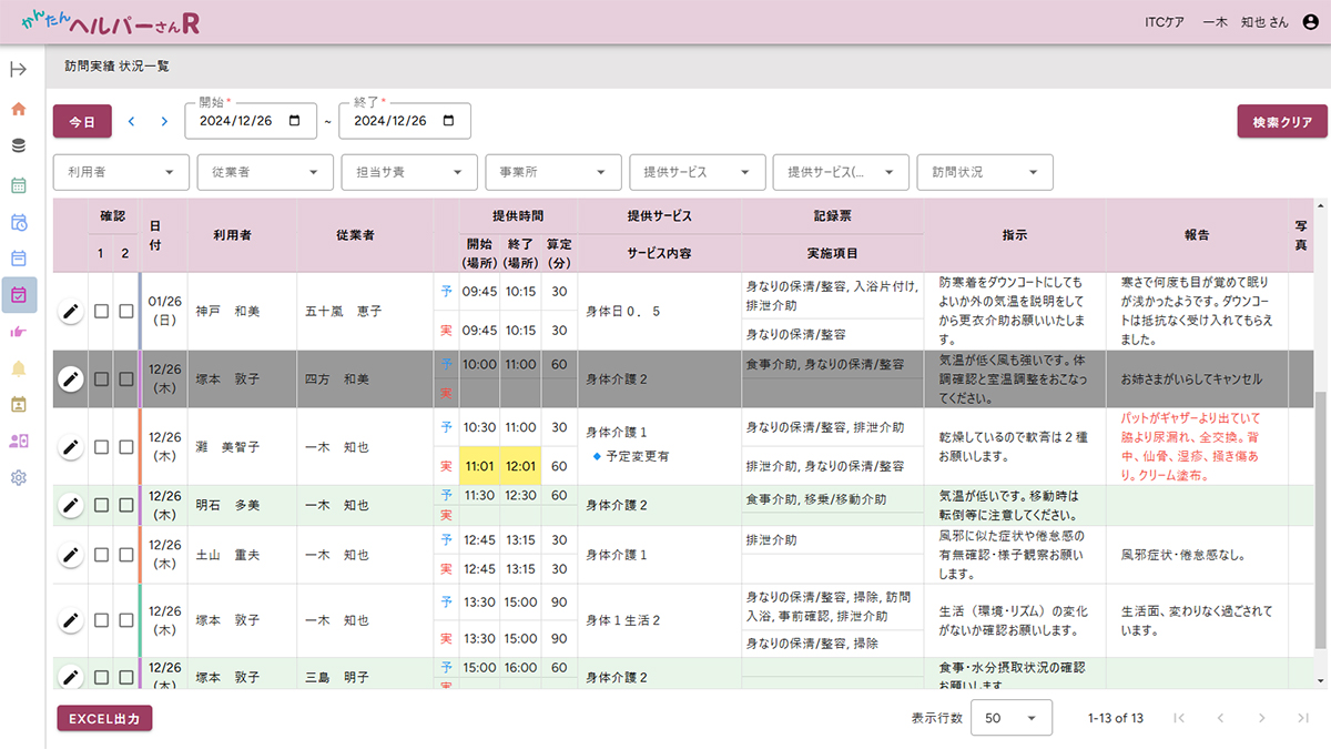 サ責さんの機能である実績確認のパソコン画面